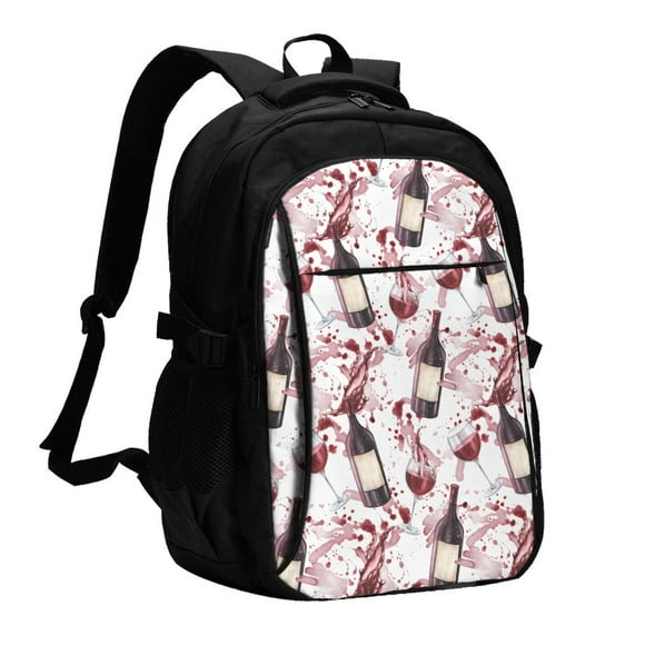 Kdxio Watercolor Wine Print USB Backpack with Charging Port Laptop Bag Large Capacity Travel Work School Bag