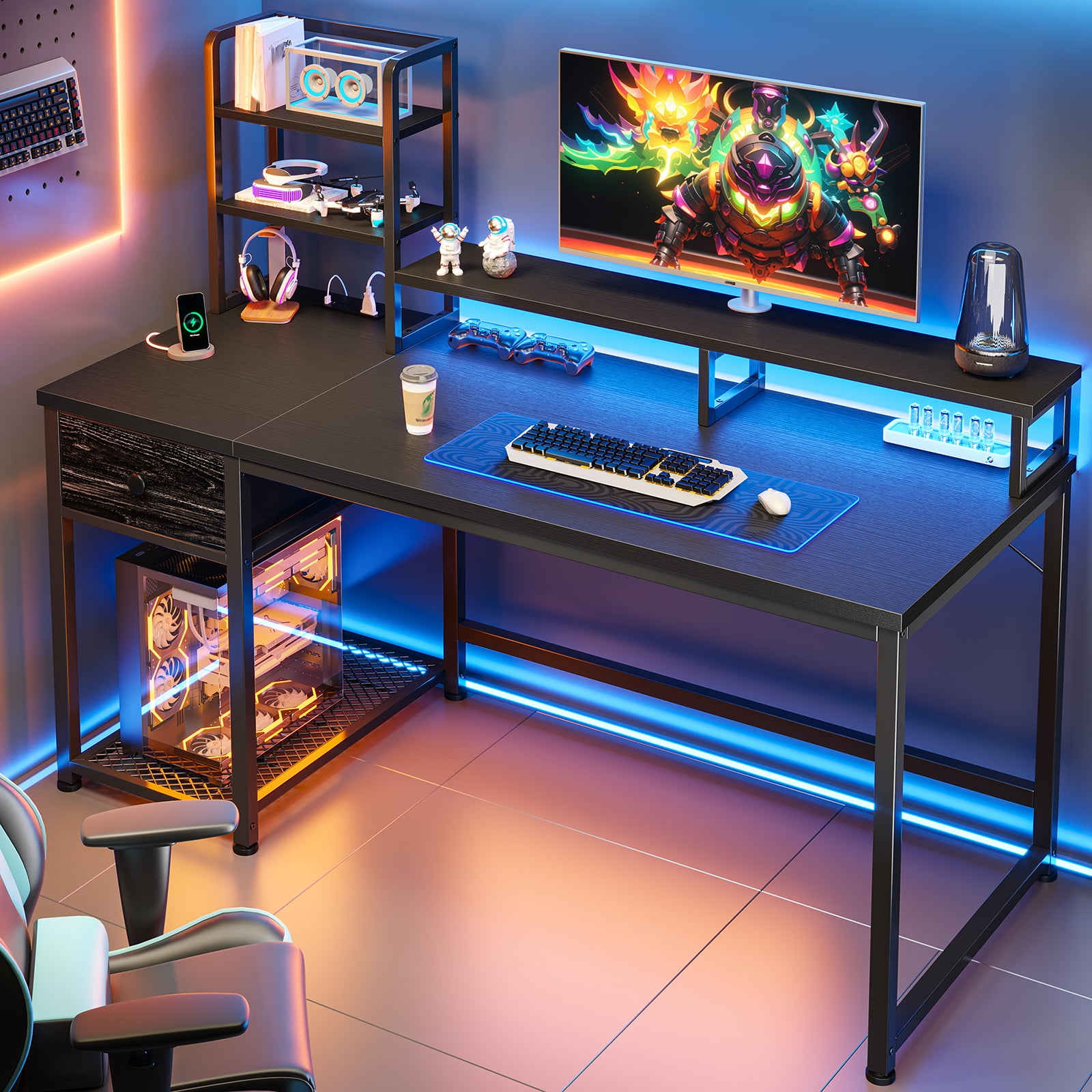 Romorgniz 44"W Computer Desk with Hutch, Gaming Desk with LED Lights & Power Outlets, Small Desk with Drawer and Monitor Stand, Writing Desk for Home Office, Black