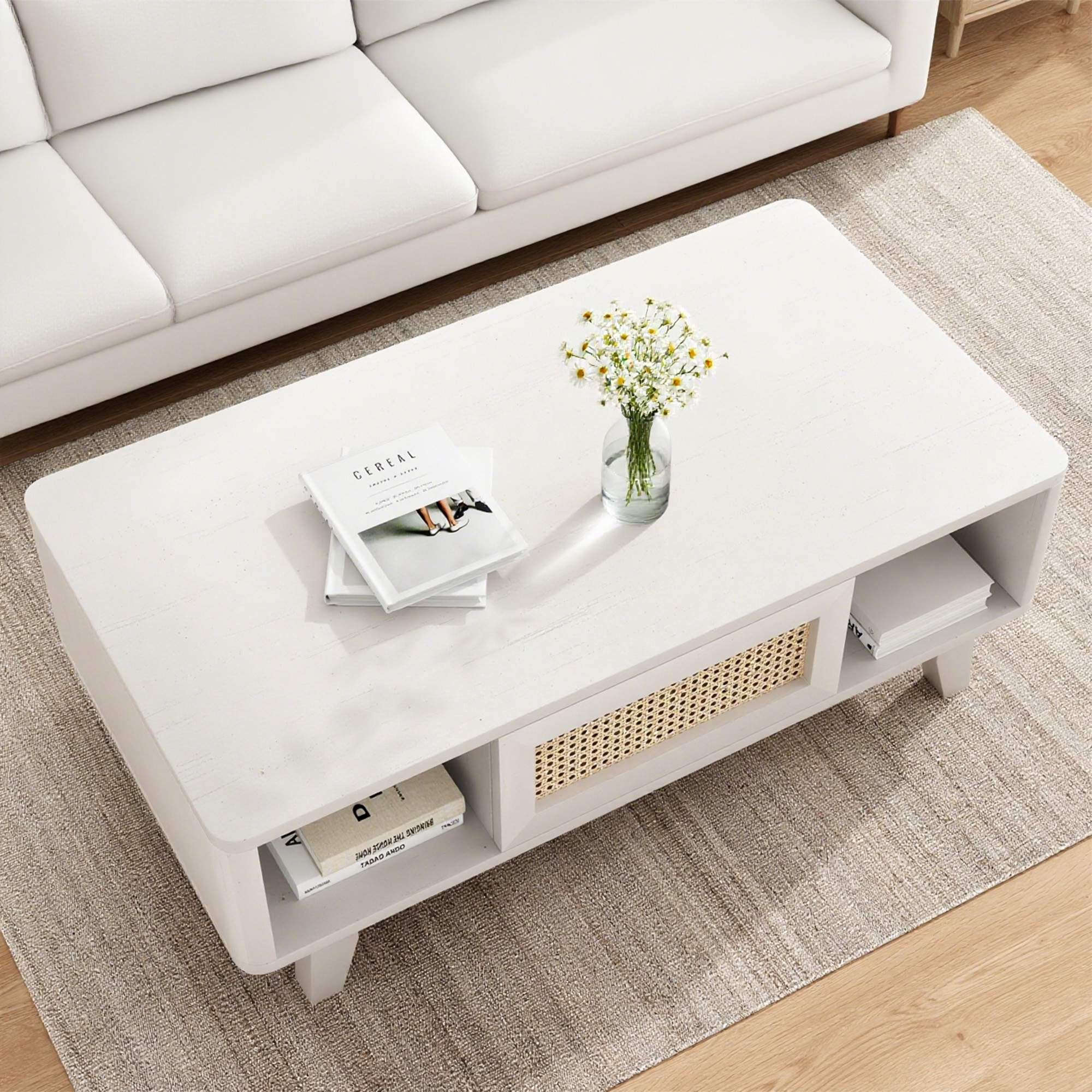 MAYEERTY 44"White Modern Square Wooden Coffee Table with Rattan Drawer for Living Room