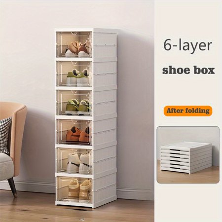 Stackable 3/ 6-Layer Shoe Organizer - Dustproof Foldable Sneaker Storage Box for Home Entryway Thickened Plastic Shoe Rack with Door for Boots & Accessories