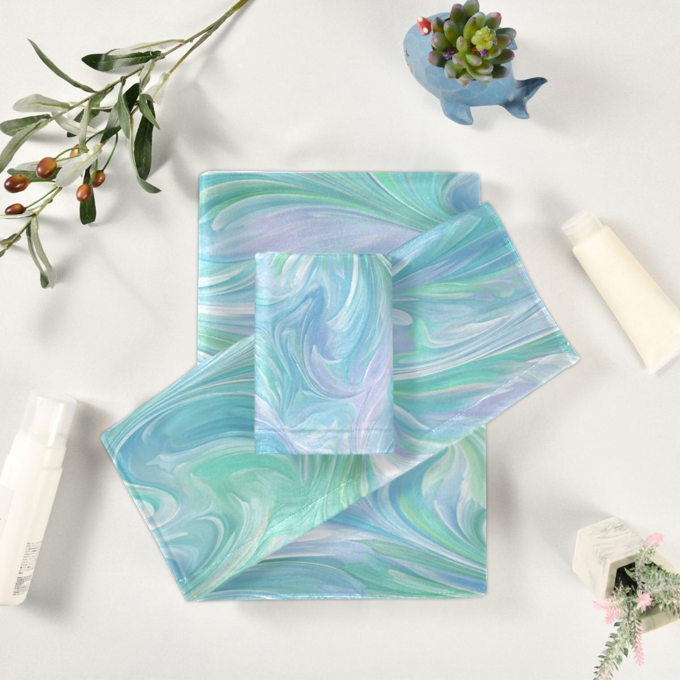 3 Sizes Towel Set - Bath Towel, Hand Towel & Washcloth for Daily Household Use Aqua Swirl Feather Design