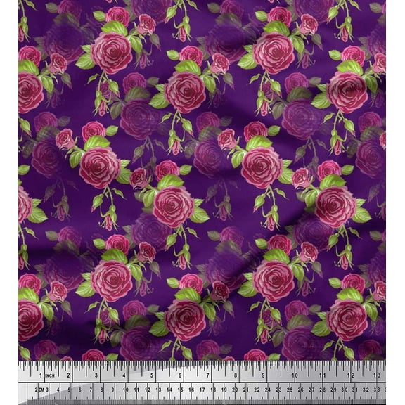 Soimoi Purple Cotton Duck Fabric Leaves & Austin Rose Floral Print Fabric by the Yard 42 Inch Wide