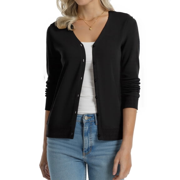 QUALFORT Women’s 100% Cotton Lightweight Button-Front Cardigan Sweater，v neck Long Sleeve Knit