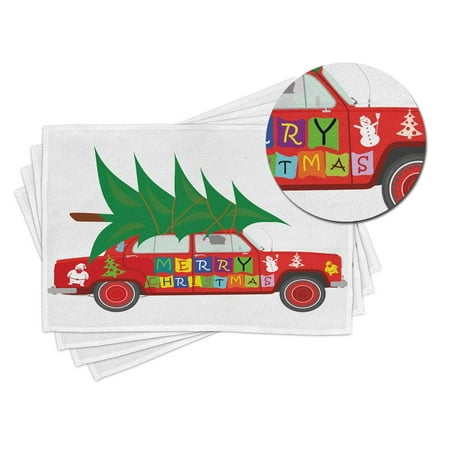 

Christmas Place Mats Set of 4 Red Vintage Car Xmas Tree Merry Celebration Words and Snowman Elf Washable Fabric Placemats for Dining Table Standard Size Vermilion White