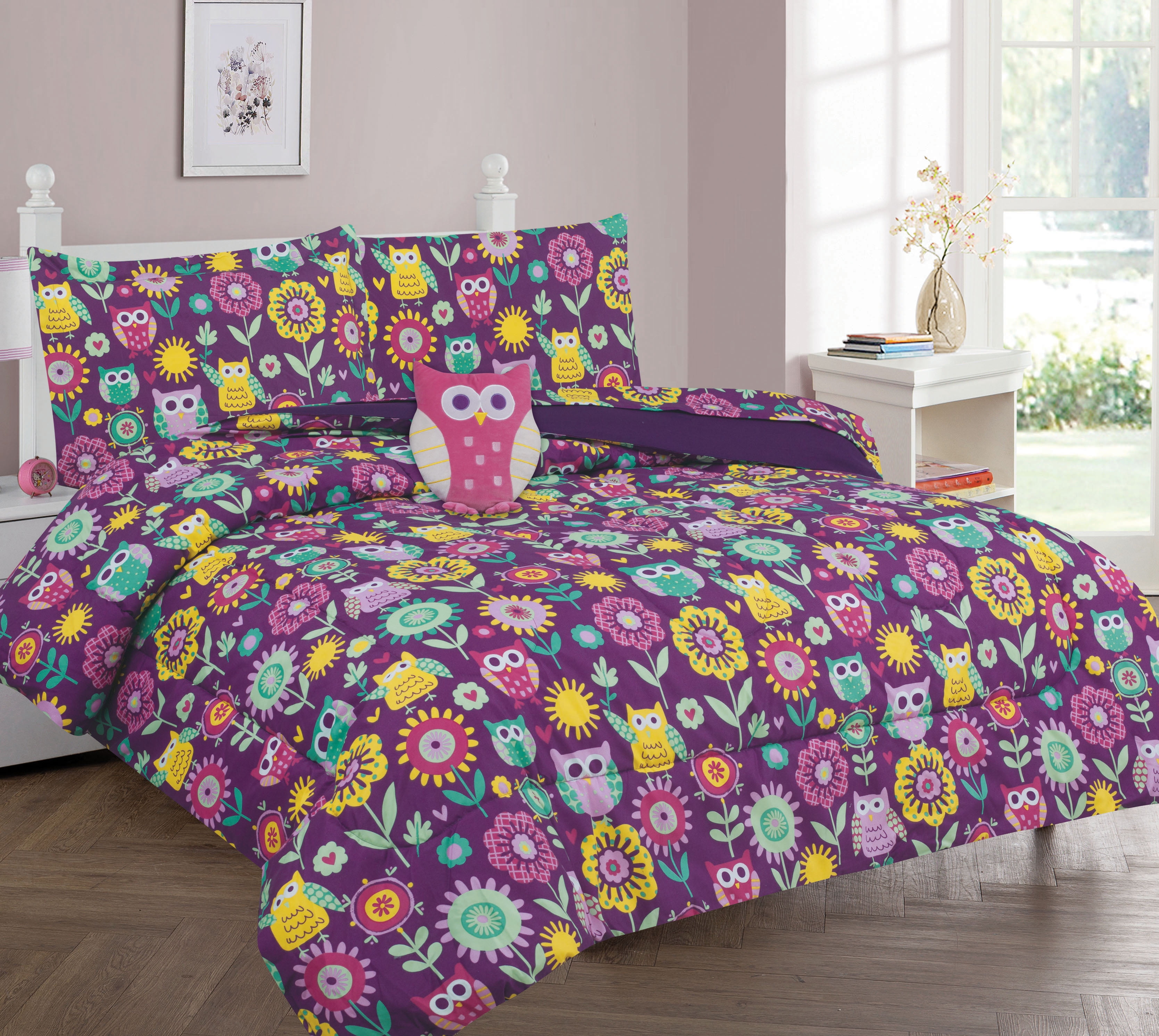 Golden Linens Multicolor Owl Purple Pink Yellow And Flowers Twin