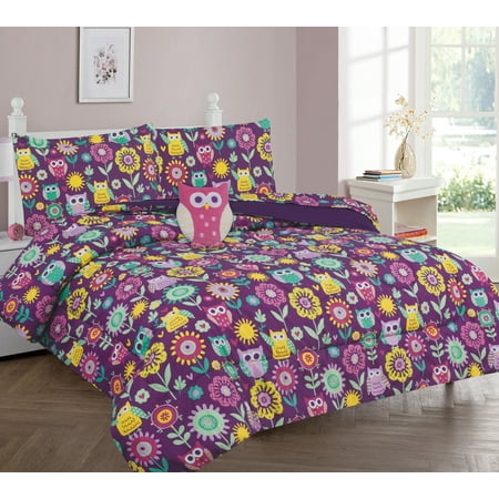 Golden Linens Multicolor Owl Purple Pink Yellow And Flowers Twin