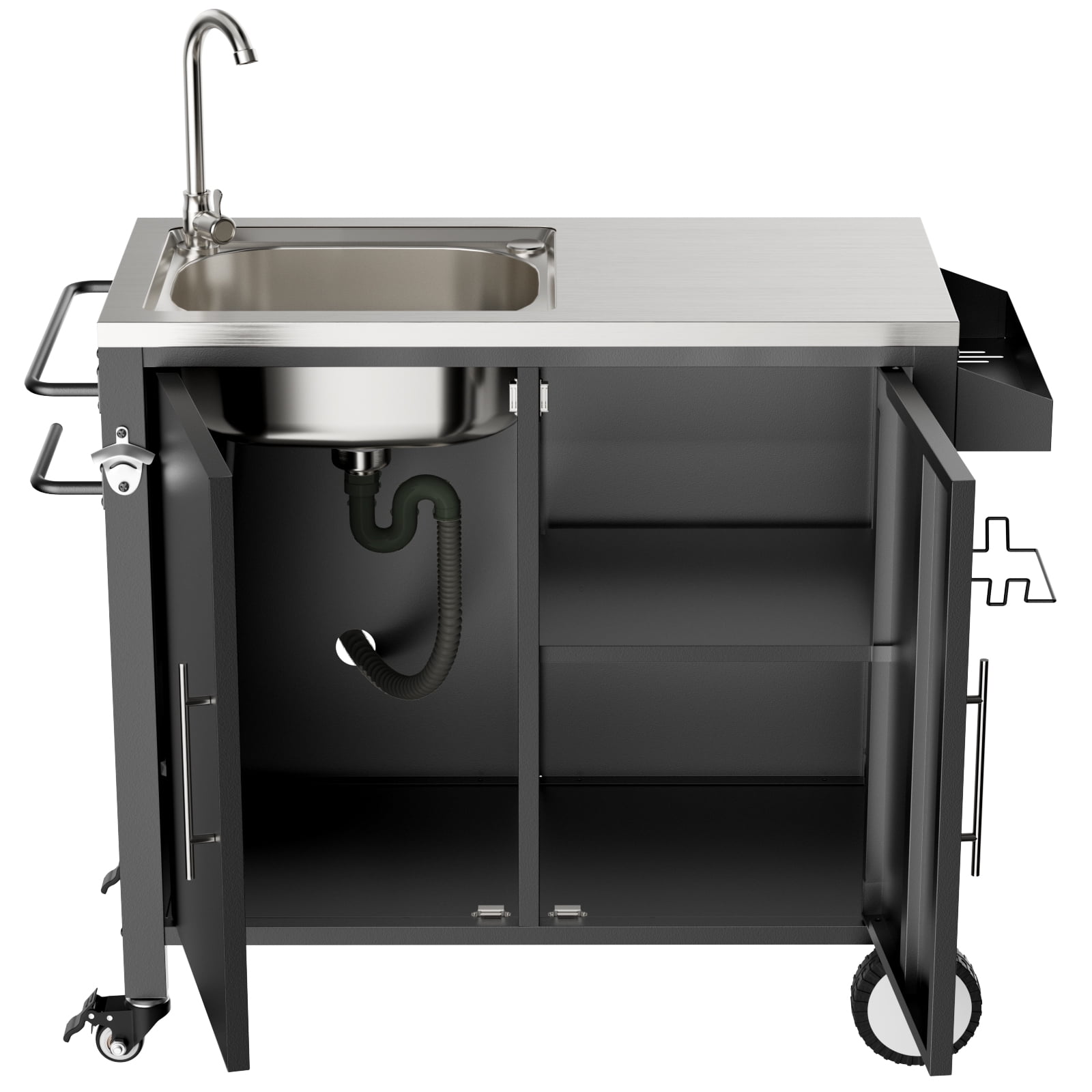 Outdoor Grill Table with 304 Stainless Steel Sink and Lockable Wheels, Grill Cart with Storage Cabinet and Spice Rack, Black and Silver