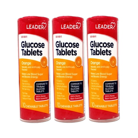 3 Pack - LEADER Glucose Tablets, Energy and Blood Sugar Support, Orange Flavor, 10 Count Travel Size