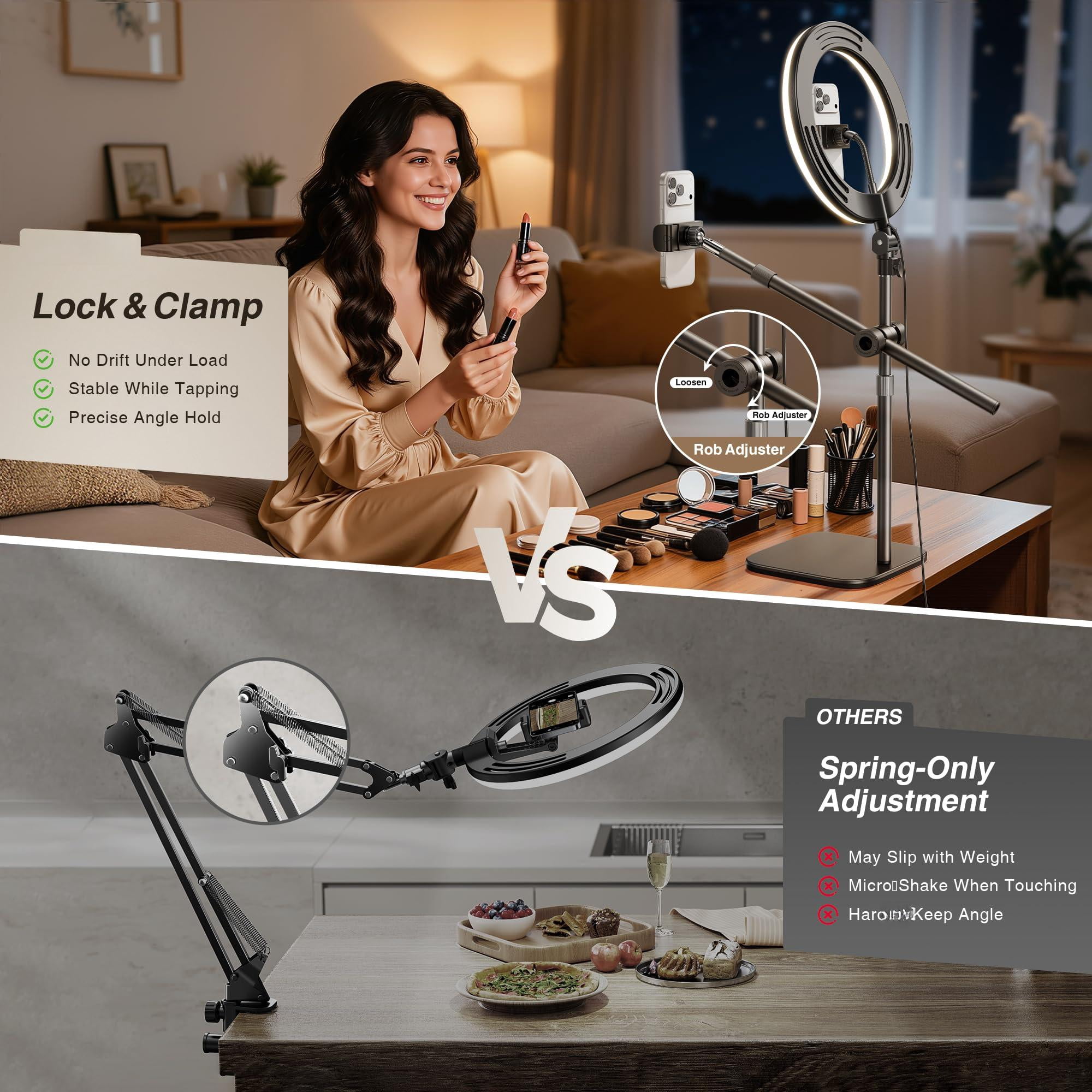 Overhead Phone Mount  Camera Stand [anti-shaking] With 10.5" Ring Light Desk For Video Recording Zoom Meeting