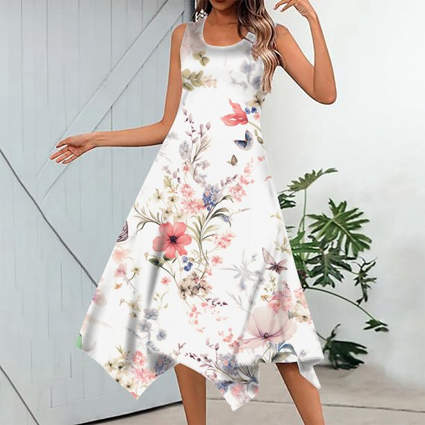 WILLBEST Vestidos Primavera Verano 2025 Vestido Casual De Verano Para Mujer, Sin Mangas, Con Dobladillo De Pañuelo, Vestido Largo De Tirantes, Vestido De Playa Con Bolsillos