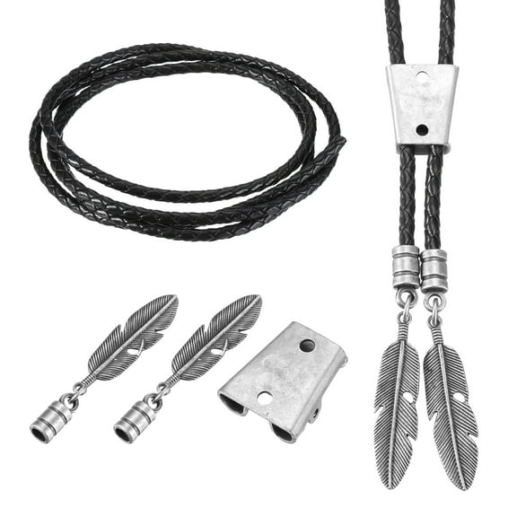 Uxcell Bolo Tie Findings Kit, Bolo Tie Accessories Includes Slide Clasps, 2 Cord End Caps, 1Yards Black Leather Braided Cord for DIY Western Necklace Jewelry Making, Style 2, Silver Tone