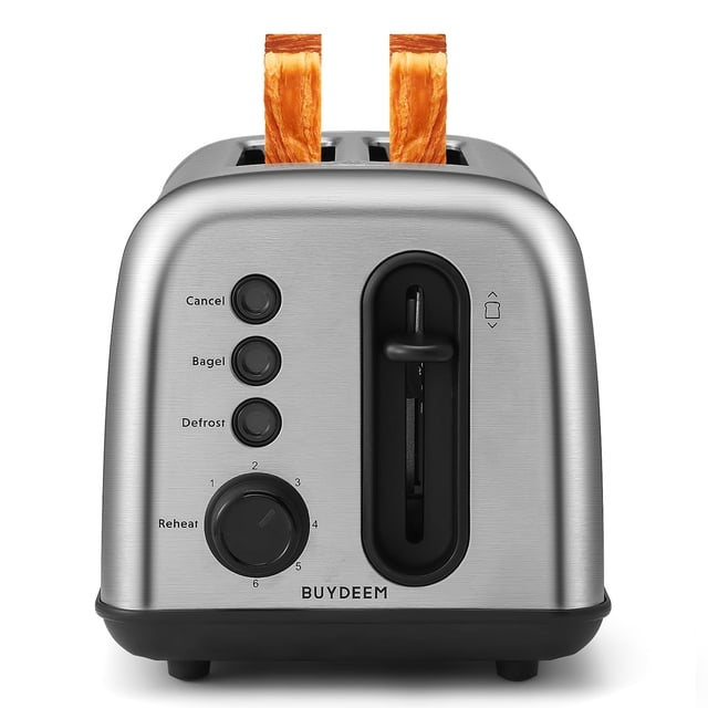 BUYDEEM DT420 Tostadora de 2 rebanadas, Tostadora de acero inoxidable con ranuras extra anchas para bagels, muffins, palanca de elevación alta, 6 configuraciones de sombra, plateado retro