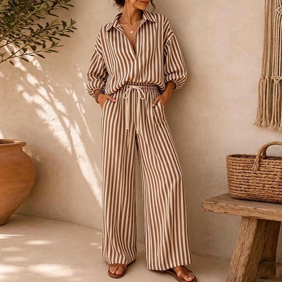 MaFYtyTPR Women 2 Piece Striped Outfits 3/4 Sleeve Button Down Shirt with Drawstring Wide Leg Pants Casual Comfy Two-piece Set A-Khaki L