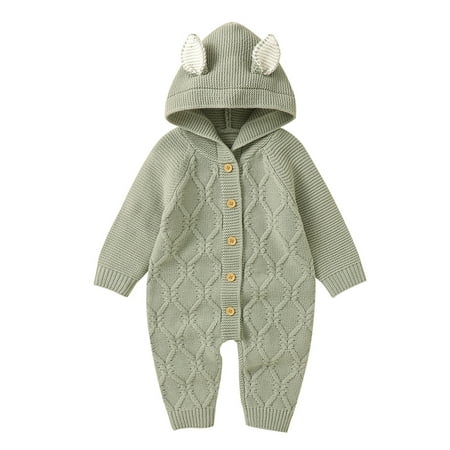 

Boys Girls Solid Warm Knitted Sweater Baby Hooded Jumpsuit Romper With Ear 1 Piece Outfits Clothes