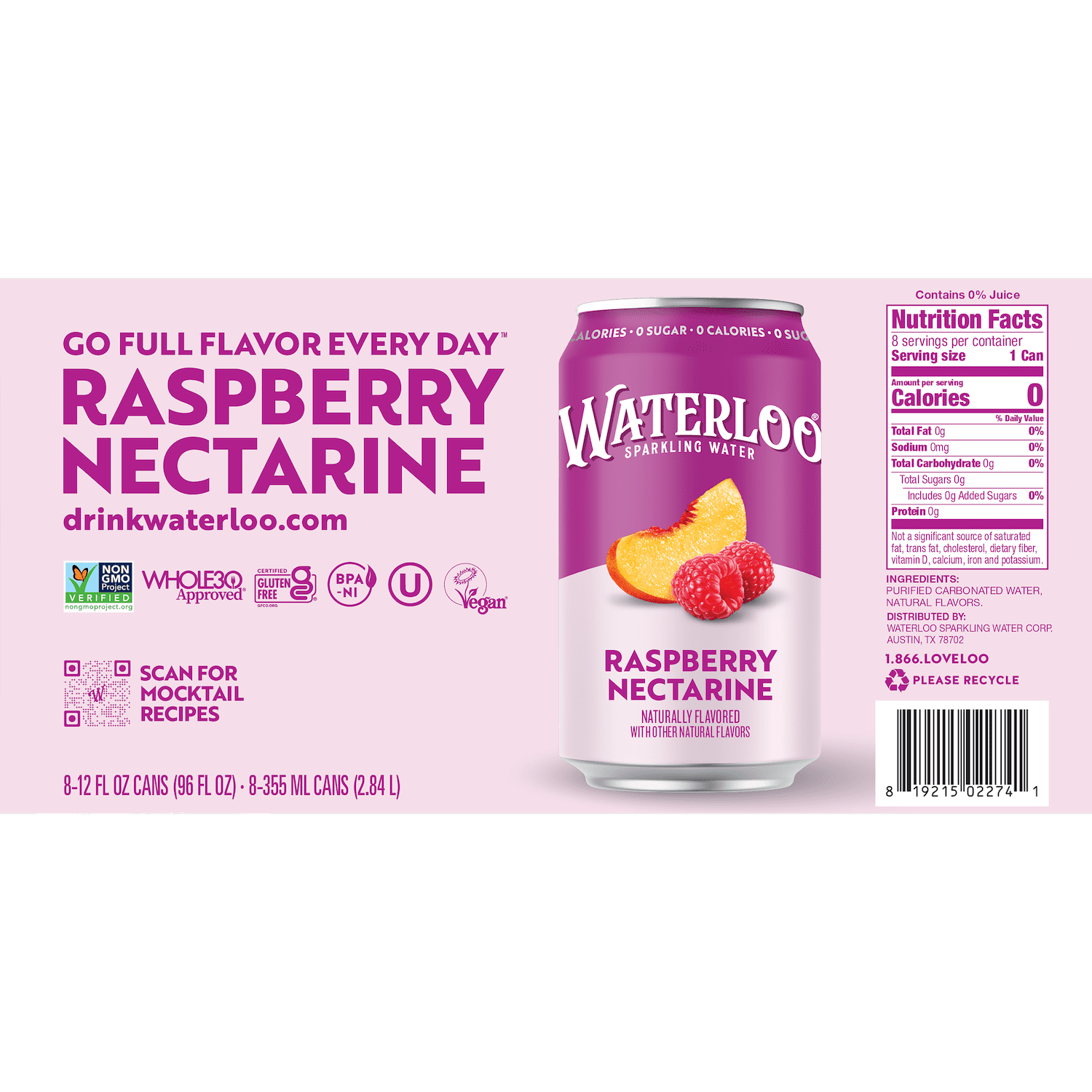 (3 pack) Waterloo Sparkling Water, Raspberry Nectarine, 12 fl oz, 8 pack cans