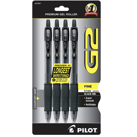 Pilot G2 Premium Gel Roller Pens 0.7, Fine Point Smooth Writing Pens Black, Pack of 4