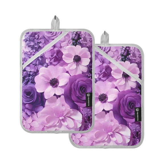 Purple Elegant Flowers Oven Mitts Pot Holders 2 pcs Heat Resistant for Kitchen Baking Grilling