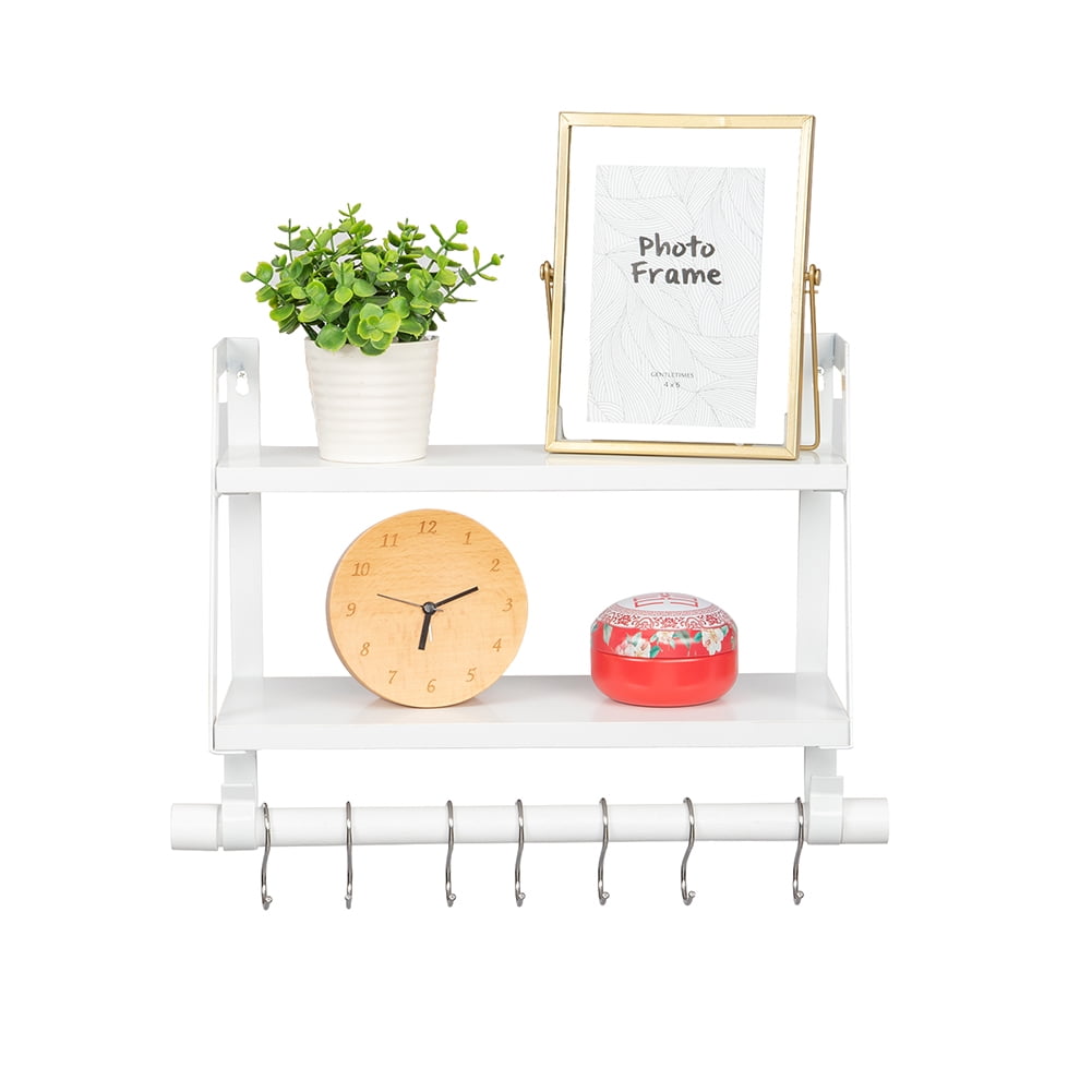 Lowestbest Wall Shelves Wood Floating Shelves, 2 Tier Storage Shelves Bathroom Shelf Kitchen Spice Rack with 8 Hooks,White Lowestbest Wall Shelves Wood Floating Shelves, 2 Tier Storage Shelves Bathroom Shelf Kitchen Spice Rack with 8 Hooks,White