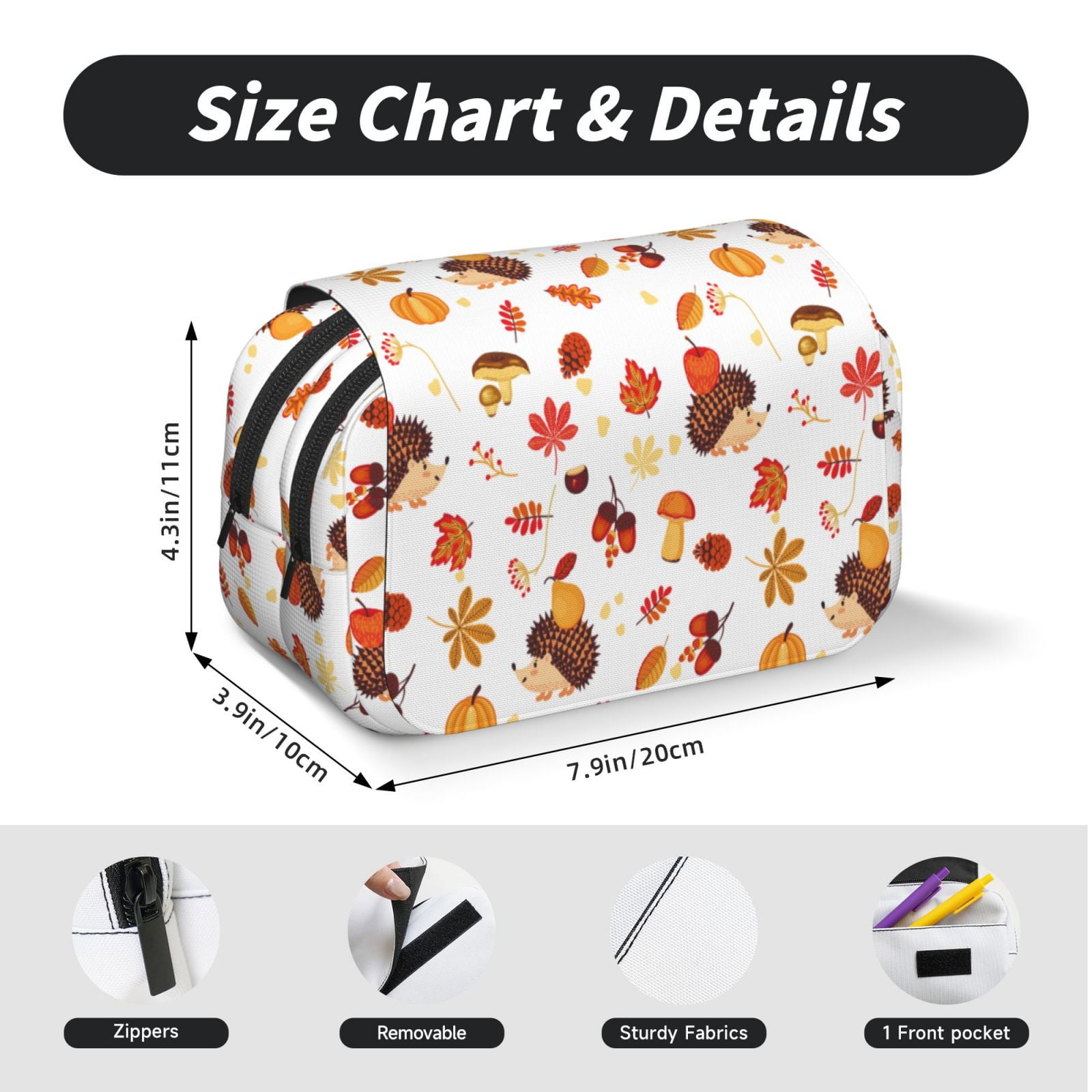 Rateoe Autumn Maple Leaf with Hedgehog Pattern Double Clamshell Pen Case, Storage Organizer with Two Zipper Compartments– Holds Up to 50 Pencils & Pens