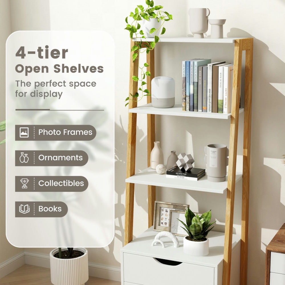 Demi Bonn 4-Tier Ladder Bookshelf Storage Display, Freestanding Bookcase with 2 Drawers, White
