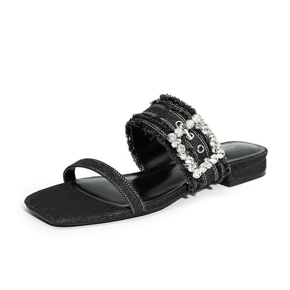 Dream Pairs Women’s Denim Slide Sandals – Rhinestone Buckle Slip-On Flats with Square Toe