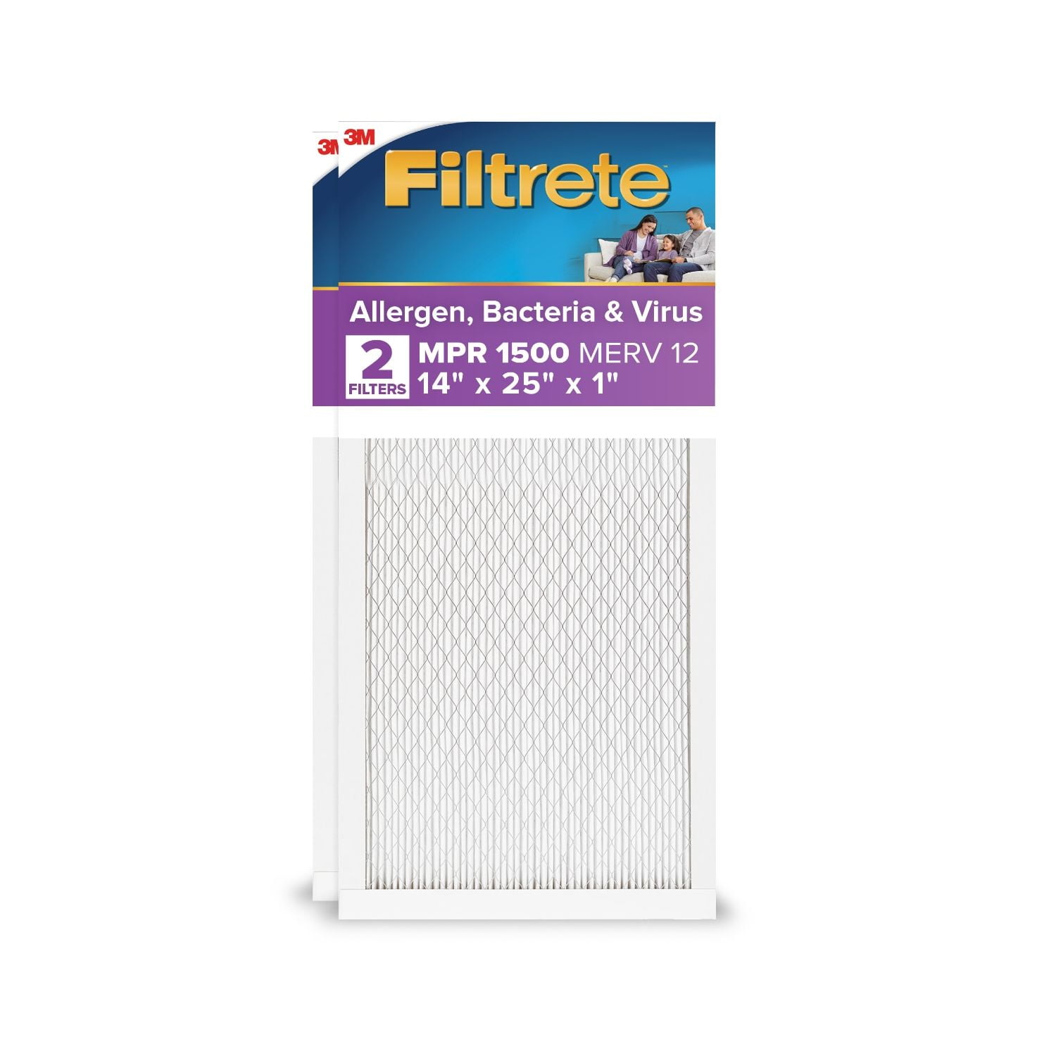 (3 pack) Filtrete 14x25x1 HVAC Furnace Air Filter, MPR 1500 MERV 12, Allergen, Bacteria and Virus, 2 Filters