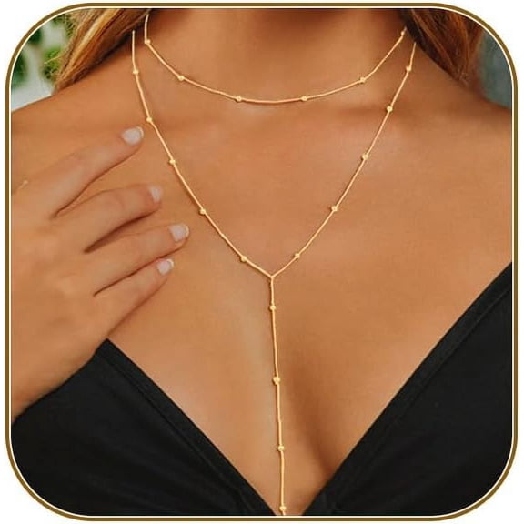 YMCSTONEMA Lariat Gold Necklace For Women, Dainty Long Necklace 14K Gold Plated/Silver Y-Shaped Layered Beaded Chain Drop Necklaces For Women Trendy Simple Gold Jewelry For Women Gifts【2670】