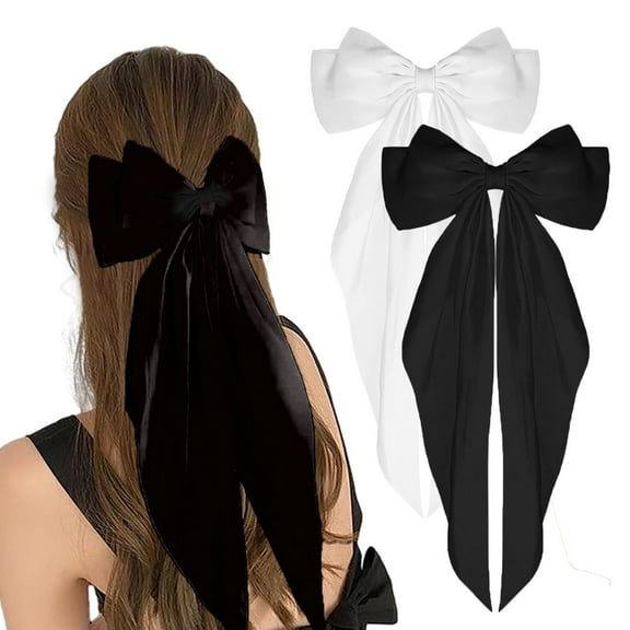 MODANU 2 Pcs Silky Satin Hair Bows Big Hair Bows for Women Hair Ribbons Oversized Long Tail Large Hair Ribbon Barrettes Metal Clips Bowknot Aesthetic Hair Accessories, Black & White