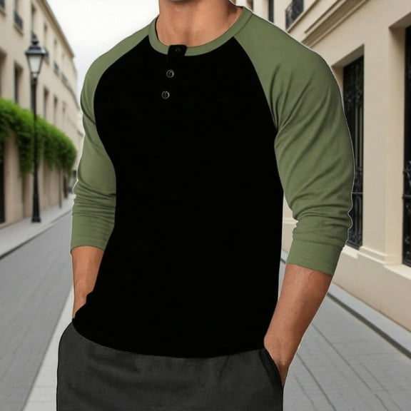 SYMOID Mens Army Green Henley Raglan Sleeve Shirt, Long Sleeve Color Block Contrast Design, Polyester Spandex Soft Stretch, Easy Care Machine Washable, S-XXXL,Size L