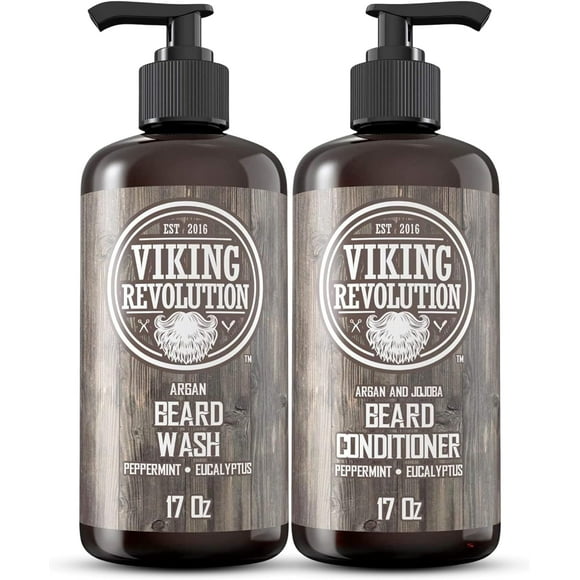 Viking Revolution - Beard Wash & Beard Conditioner Set With Argan & Jojoba Oil - Softens & Strengthens - Beard Shampoo & Conditioner - Peppermint & Eucalyptus - 500 ml