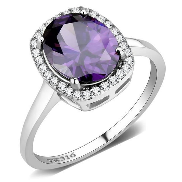 Bague en Acier Inoxydable Poli pour Femmes avec CZ de Qualité AAA en Améthyste - Taille 8