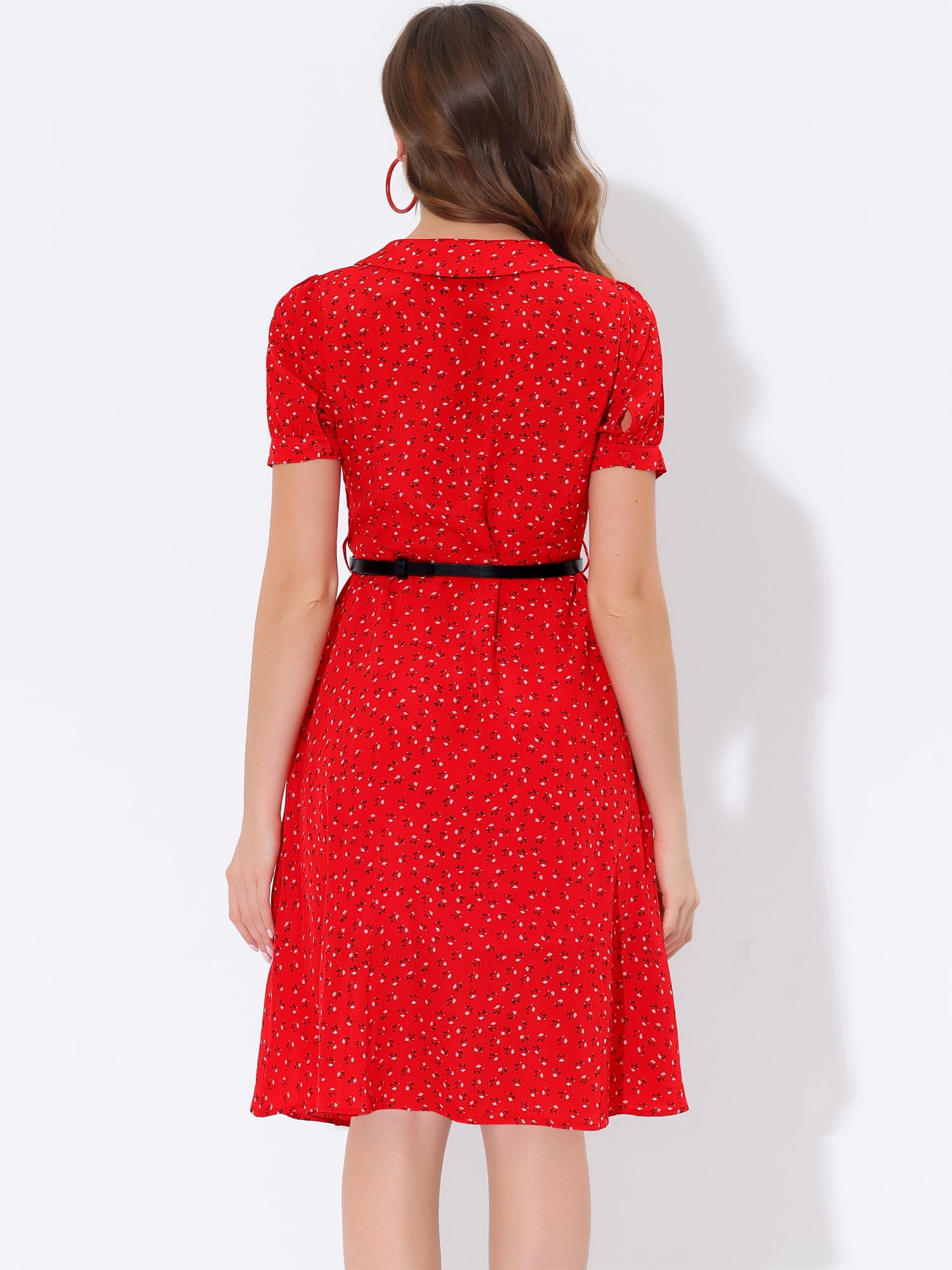 DARING DIVA Peter Pan Collar Tie Neck Elegant Floral Dress with Belt S Red