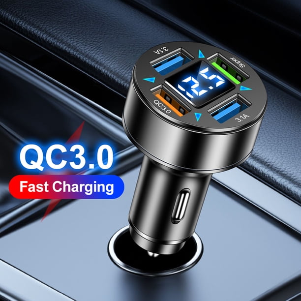 Cargador De Coche Cargador de coche de 66 W Adaptador de corriente de luz azul de 4 puertos USB PD QC 3.0 para iPhone Samsung DQrwqpou Accesorios para autos y motos