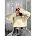 thumbnail image 2 of Women'S 2025 Fall Crew Neck Cropped Sweater Oversized Ribbed Knit Pullover Tops Khaki One size, 2 of 8
