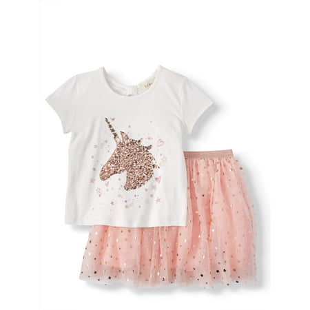 Btween Sequin Unicorn Top And Foil Tutu Skirt, 2-Piece Outfit Set (Little Girls & Big Girls)