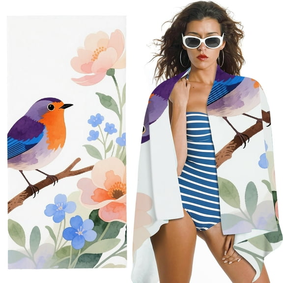 RKSupls Oversized Microfiber Beach Towel - Flower Bird,Yellow Floral Watercolor Blue Leaf Print, Suitable for Bathroom, Beach, Soft Super Absorbent- 30x60 in