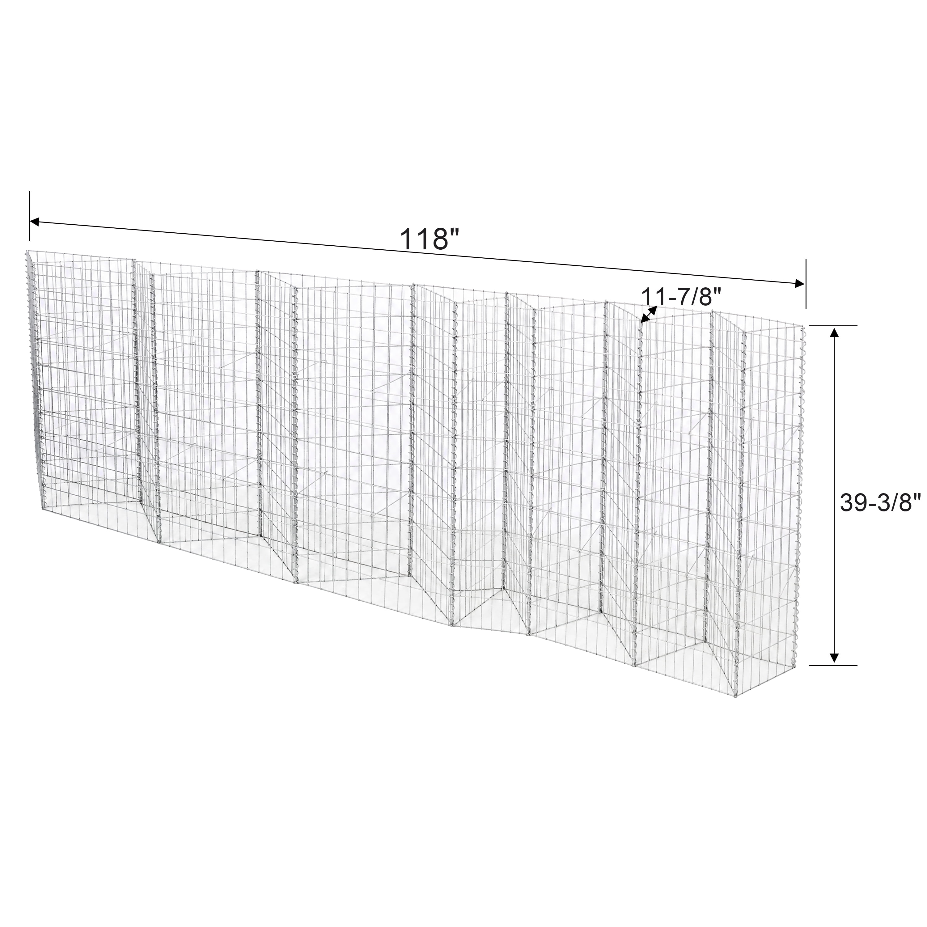 Tall Galvanized Gabion Basket 118" x 11-7/8" x 39-3/8", Multi-Compartment Reinforced Design, Heavy-Duty Wire, Tool-Free Assembly for High Retaining Wall