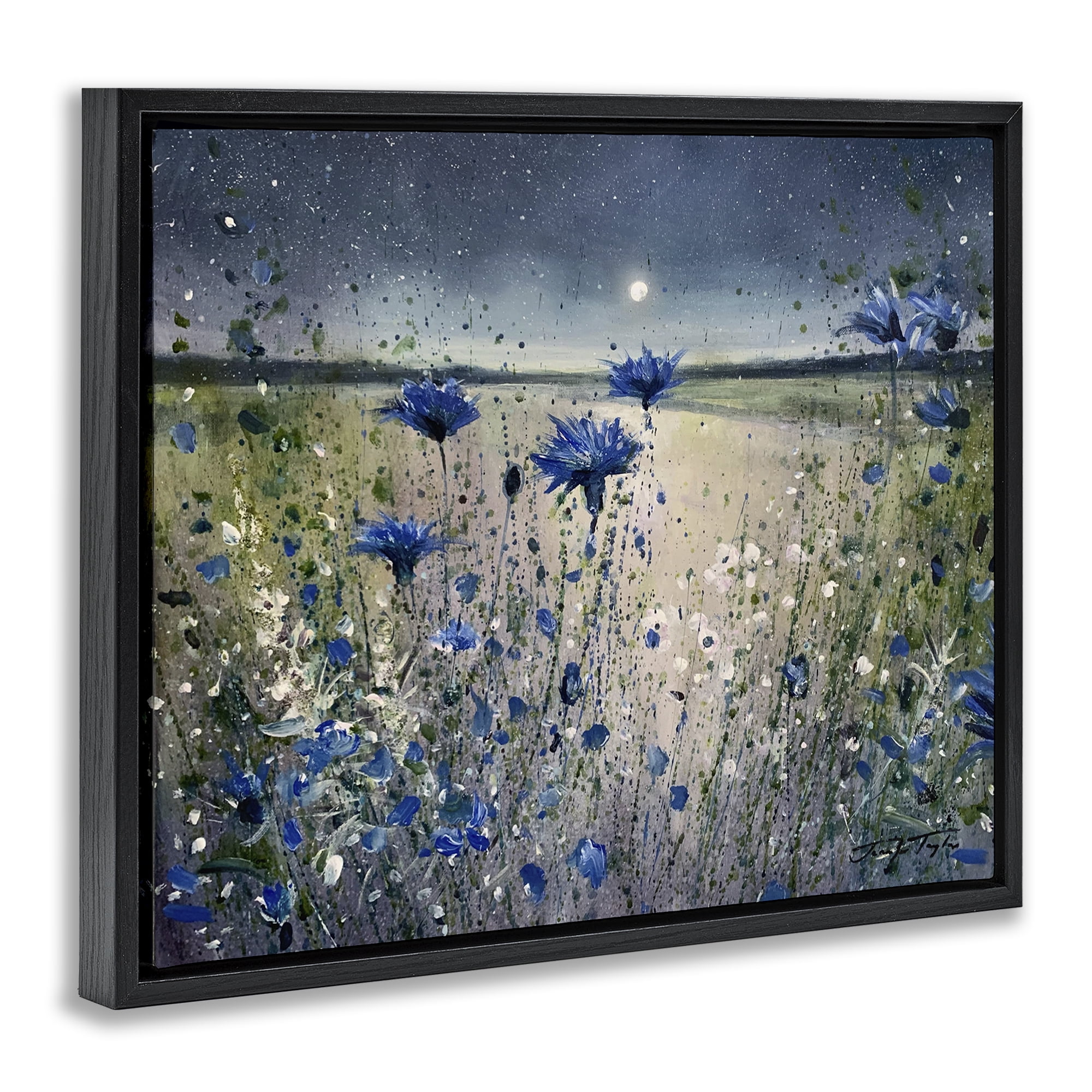Moon over Blooming Flowers Black Floating Frame Canvas Art, 21 x 17