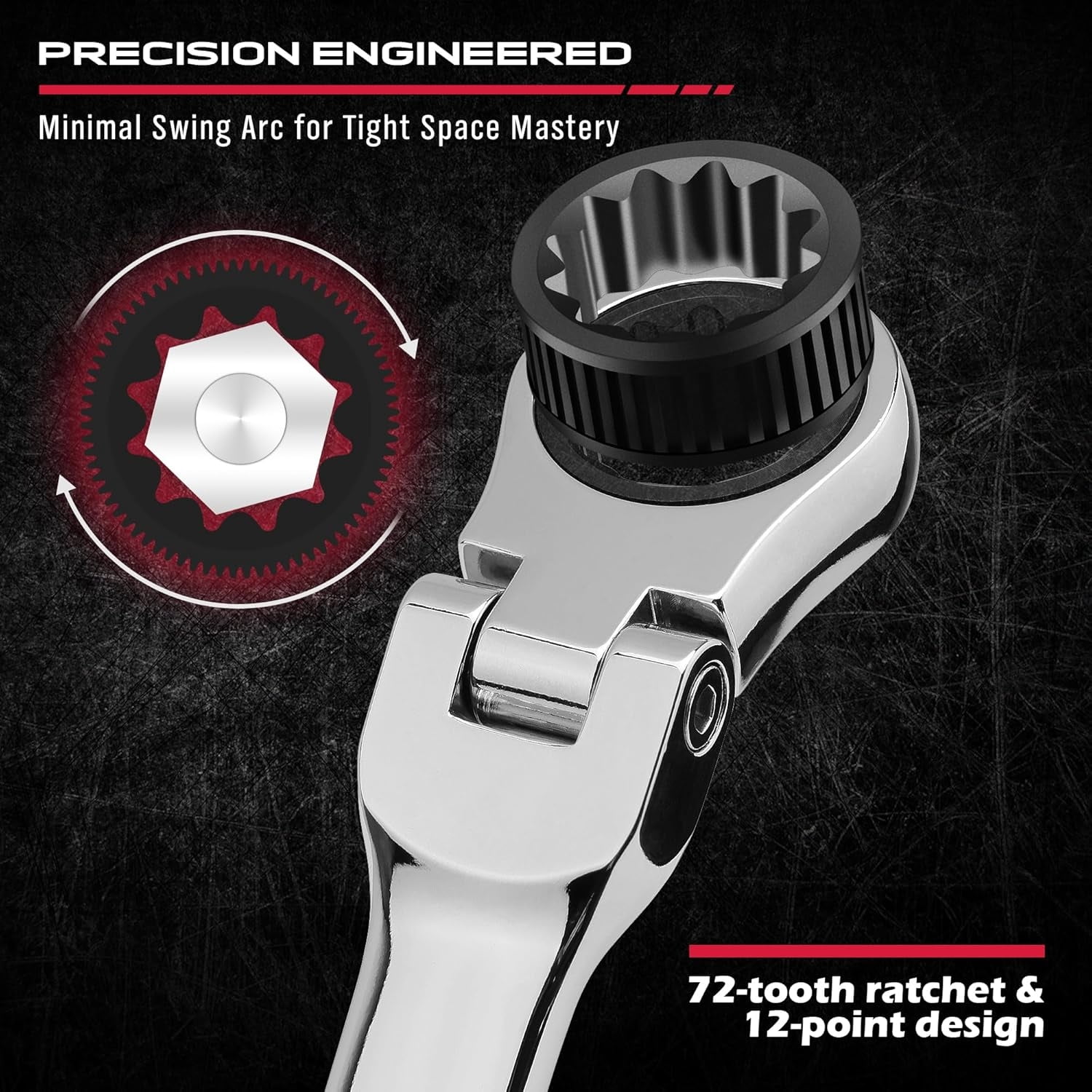 Extra Long Flex-Head Ratcheting Wrench Set, Anti-Slip 6-Piece Double Box End Wrench Set, 72-Teeth, Metric 8-19mm, CR-V Steel Wrench with Rolling Pouch
