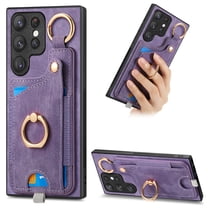 Allytech Wallet Case for Samsung Galaxy S23 Ultra, Support Car Mount, Luxury PU Leather Shockproof Anti-Fall 360° Finger Ring Stand Rotatable Kickstand Case with Magnetic Snap & Card Slots - Purple