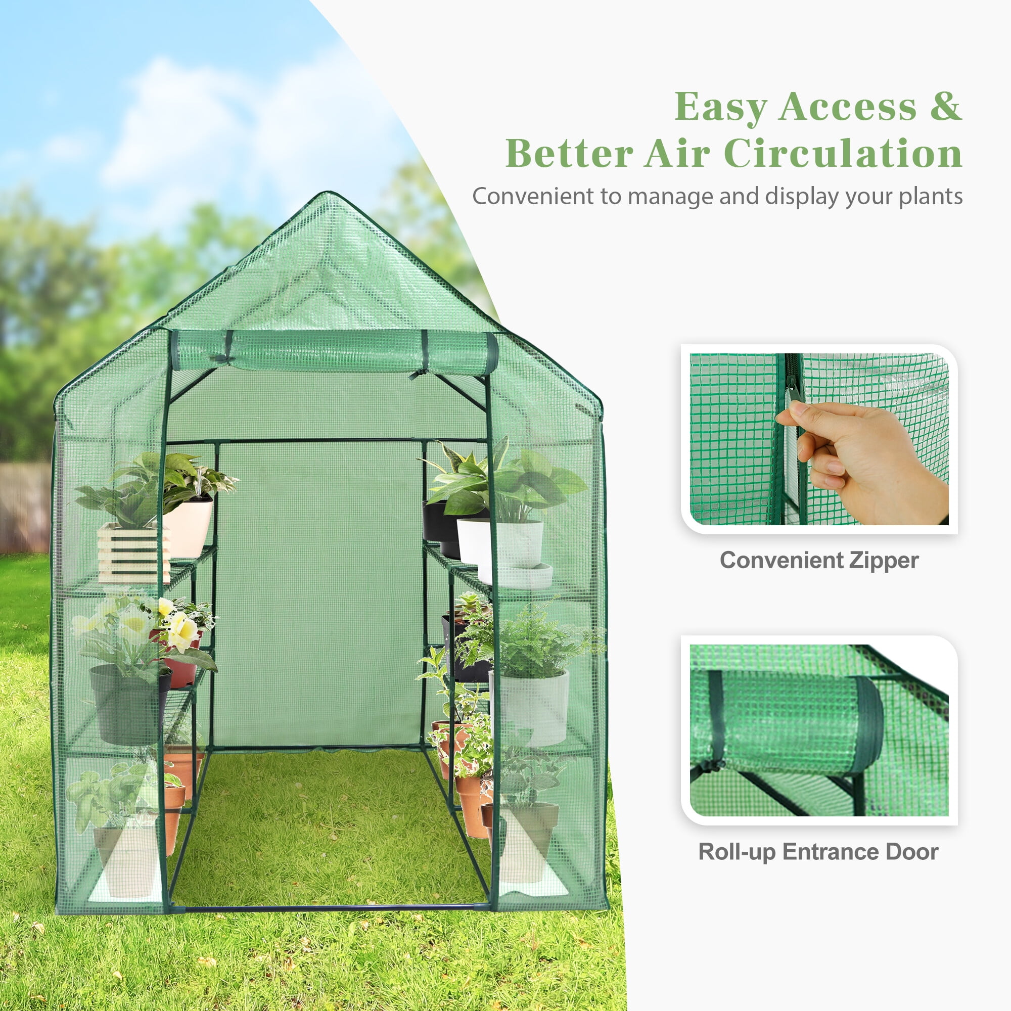 ZenSports 2-Tier 8-Shelves Walk-in Greenhouse, Indoor Outdoor Portable Plant Gardening Canopy, W/ Roll-up Zipper Entry Door, 57" x 57"x 77", Green