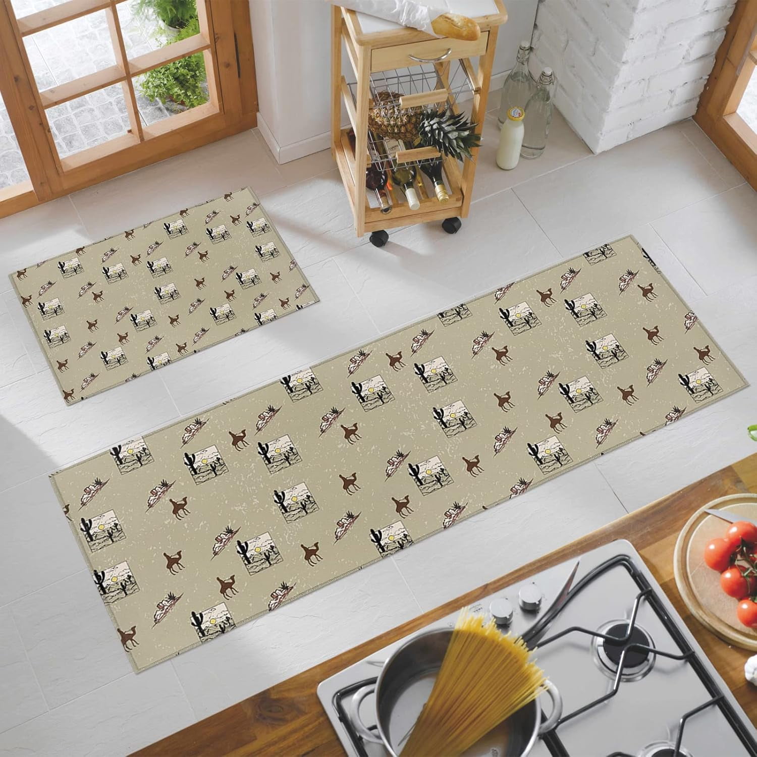 Kitchen Rugs and Mats Set of 2, Desert Theme Camel Mountain and Cactus Plant Non-Slip Floor Doormat Comfort Area Runner Rug and Mat, Tropical Botanical Indoor Entrance Carpet Home Decor