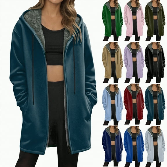 Towmus Long Hoodies for Women Oversized Full Zip Up Long Tunic Sweatshirts Casual Warm Winter Coats Outerwear with Pockets