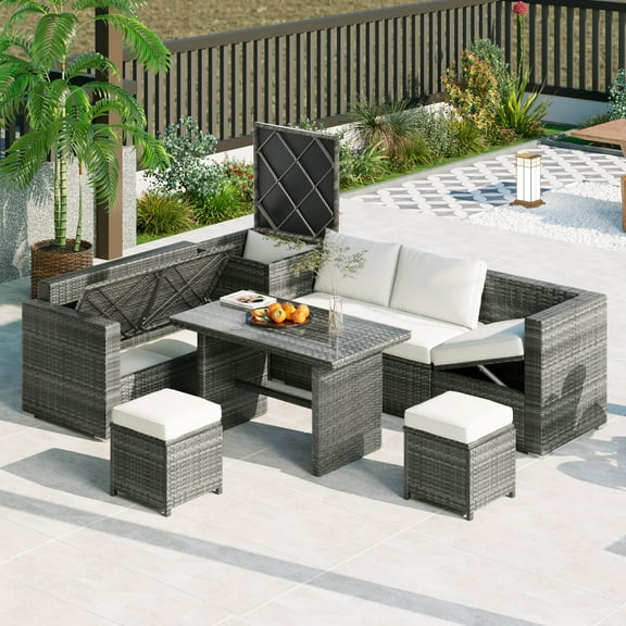 Harper & Bright Designs Patio Rattan Outdoor Sectional Sofa Set Outdoor All Weather PE Wicker Sectional Couch Set with Adjustable Seat, Storage Box and Glass Top Table, Grey wicker Beige Cushion