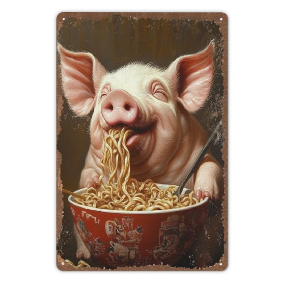 Vintage Metal Sign - Playful Pig Enjoying Noodles, Animal Themed Decorative Wall Hanging Plaque for Home, Farmhouse, Garden, Man Cave, Kitchen, Bathroom, Bedroom - Ideal for Street, Yard, Mall