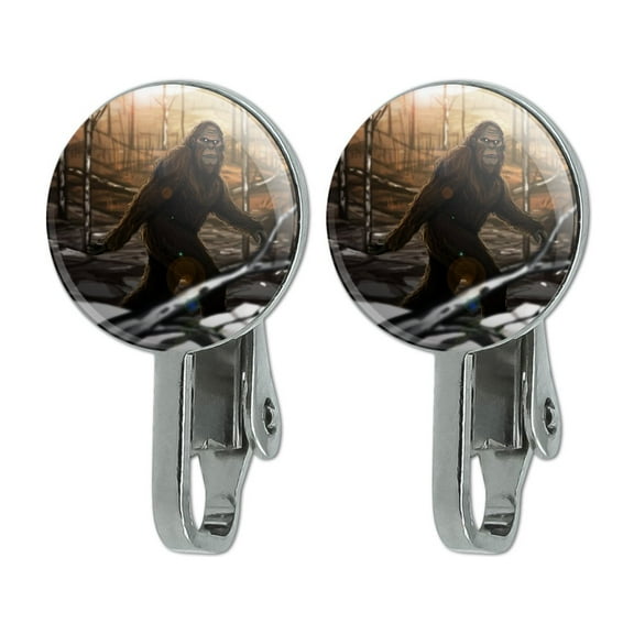 Bigfoot Sasquatch Walking in the Woods Novelty Clip-On Stud Earrings