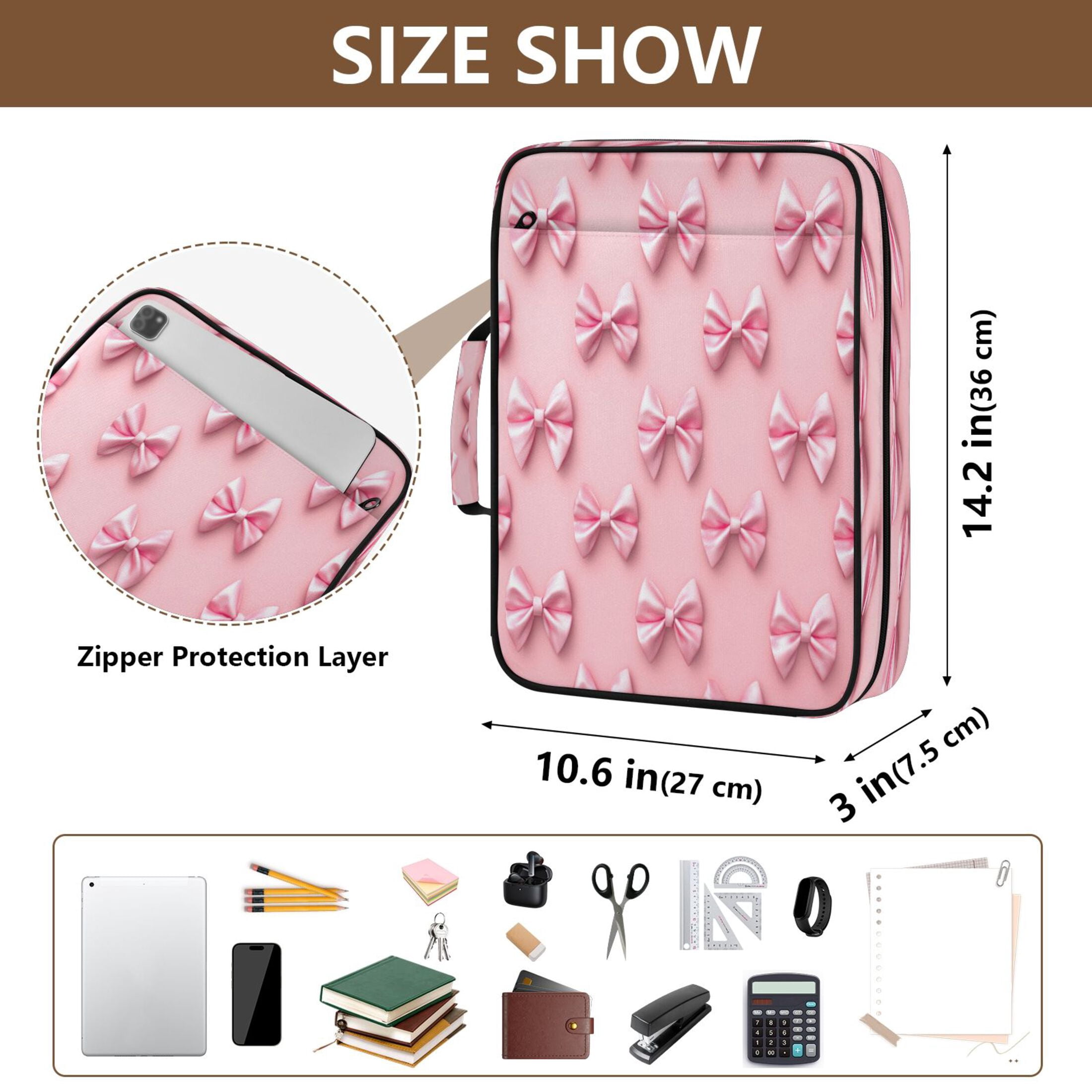3 Ring Zipper Binder with Accordion File Organizer Waterproof Back to College Binder - 7 Layer Document Organizer for Study Home Office College Travel Supplies Pink Simple Bows