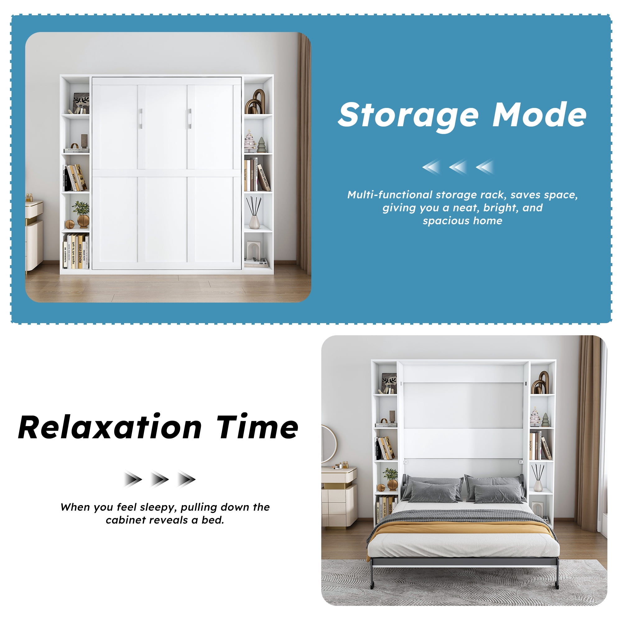 Mintazer Queen Size Murphy Bed with Storage Shelves, Hidden Foldable Wall Bed Frame with Wall Cabinet for Bedroom Guest Room, White