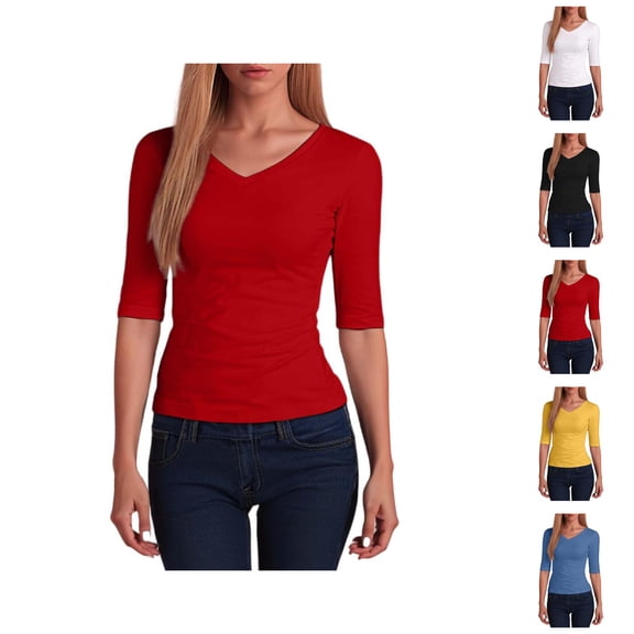 T Shirts for Women 2026 Summer Half Sleeve V Neck Basic Plain Fitted Tshirt Undershirts Womens Tees