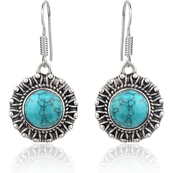 Silver Statement Earrings Round Shape Turquoise Gems Handmade 925 Sterling Silver Earrings For Women